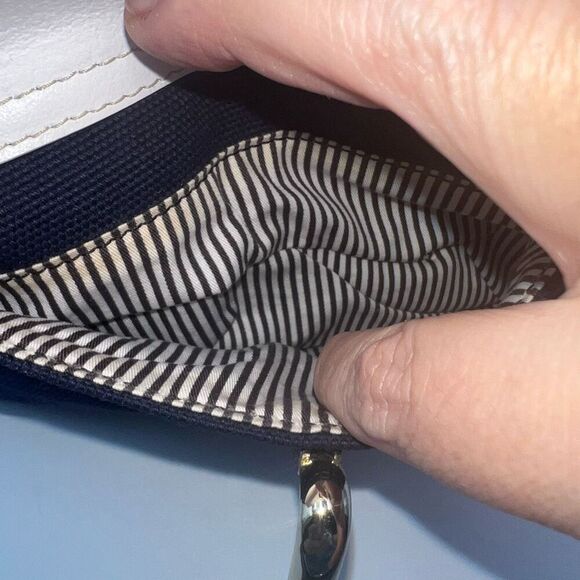 Kate Spade VINTAGE Canvas and Leather Navy and White Pinstriped interior - Picture 3 of 14